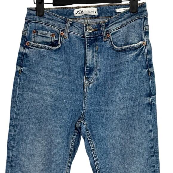 ZARA Bootcut High Rise Straight Jean Stretch Raw Hem Zip Button 2 Blue #3324 - Picture 2 of 14